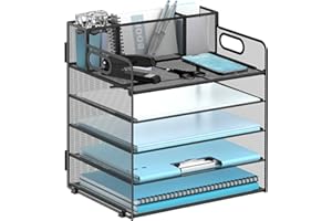 JMHUD 5-Tier Paper Organizer Letter Tray with Pen Holder, Mesh Desk File Organizer with Handle, File Storage for Office, Home