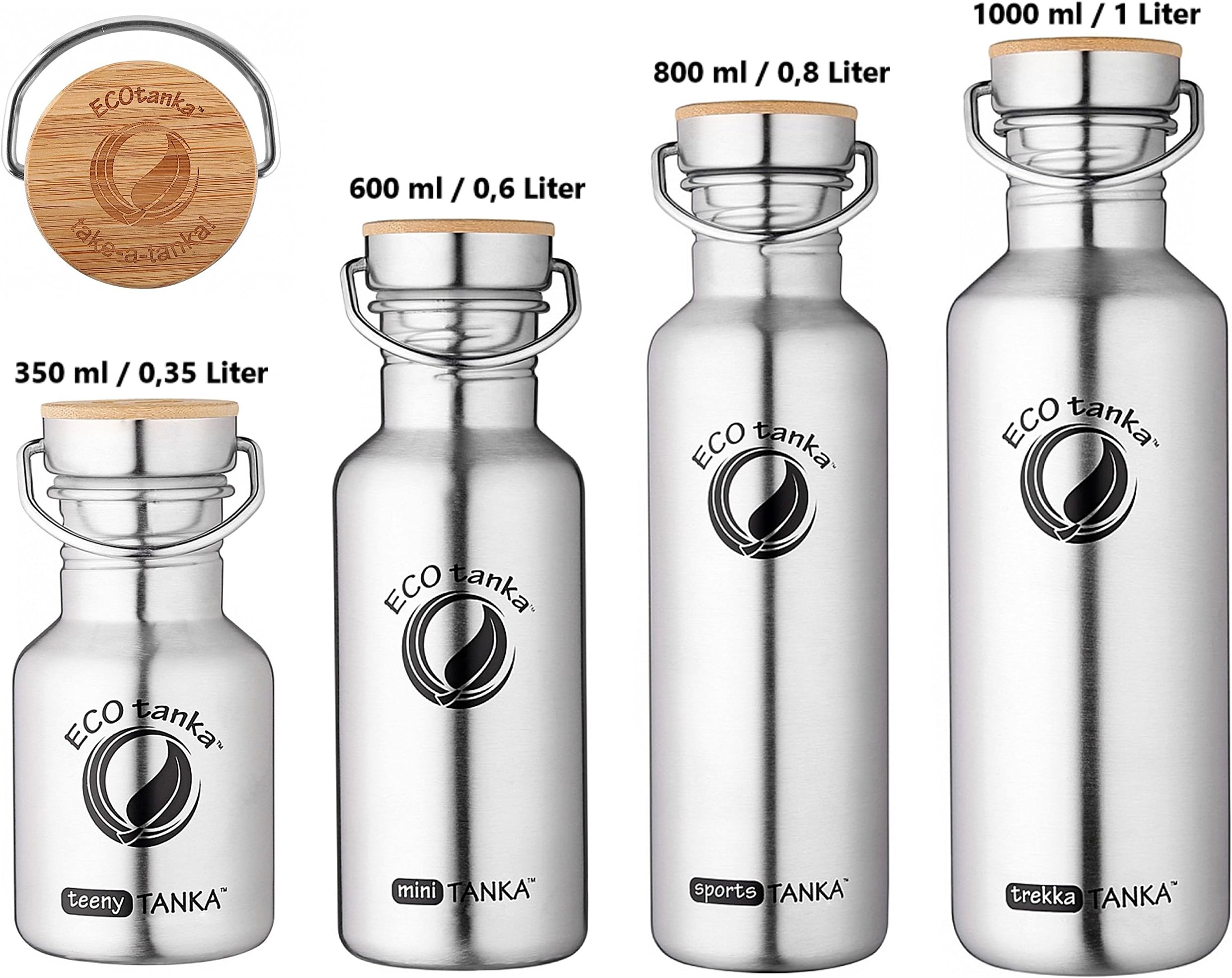 ECOtanka, Stainless-Steel Water-Bottle, 350ml/12oz - 600ml/20oz - 800ml/27oz - 1000ml/35oz, Bamboo-Steel-Lid, BPA-free, ecological, sustainable
