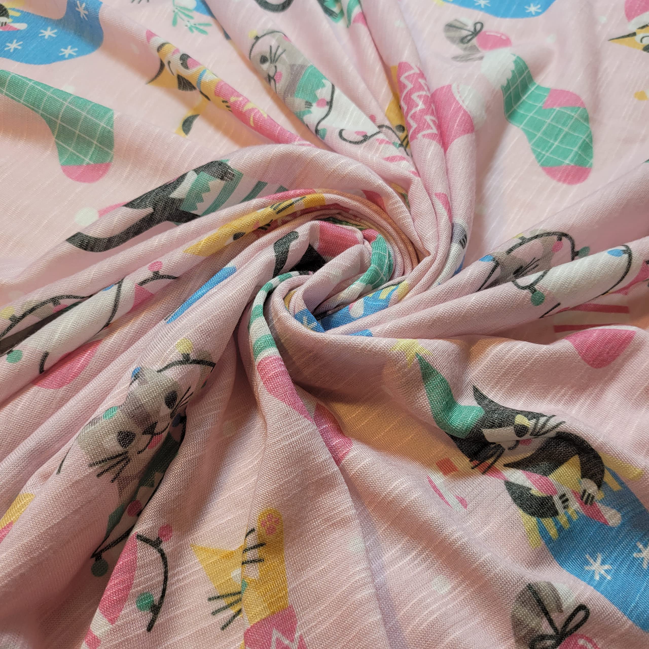 Soft Printed Cotton Jersey Stretch Knit T Shirt Baby Grow Craft Fabric Material 58'' - 150 cm Wide Sold As 1 Meter Pre - Cut Lengths (Pink Sock Cat) (LPSTRIPES) — image 1