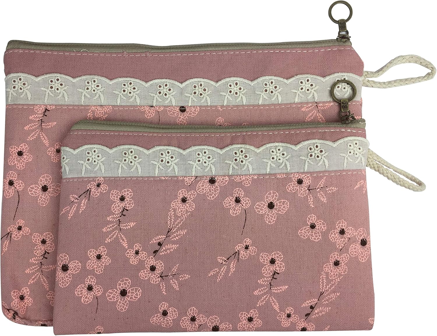 Emartbuy Set of 2 Floral Print Zipper Fabric Pouch With Lace details Multipurpose Make Up Pouch Travel Pouch Pencil Pen Case - Pink