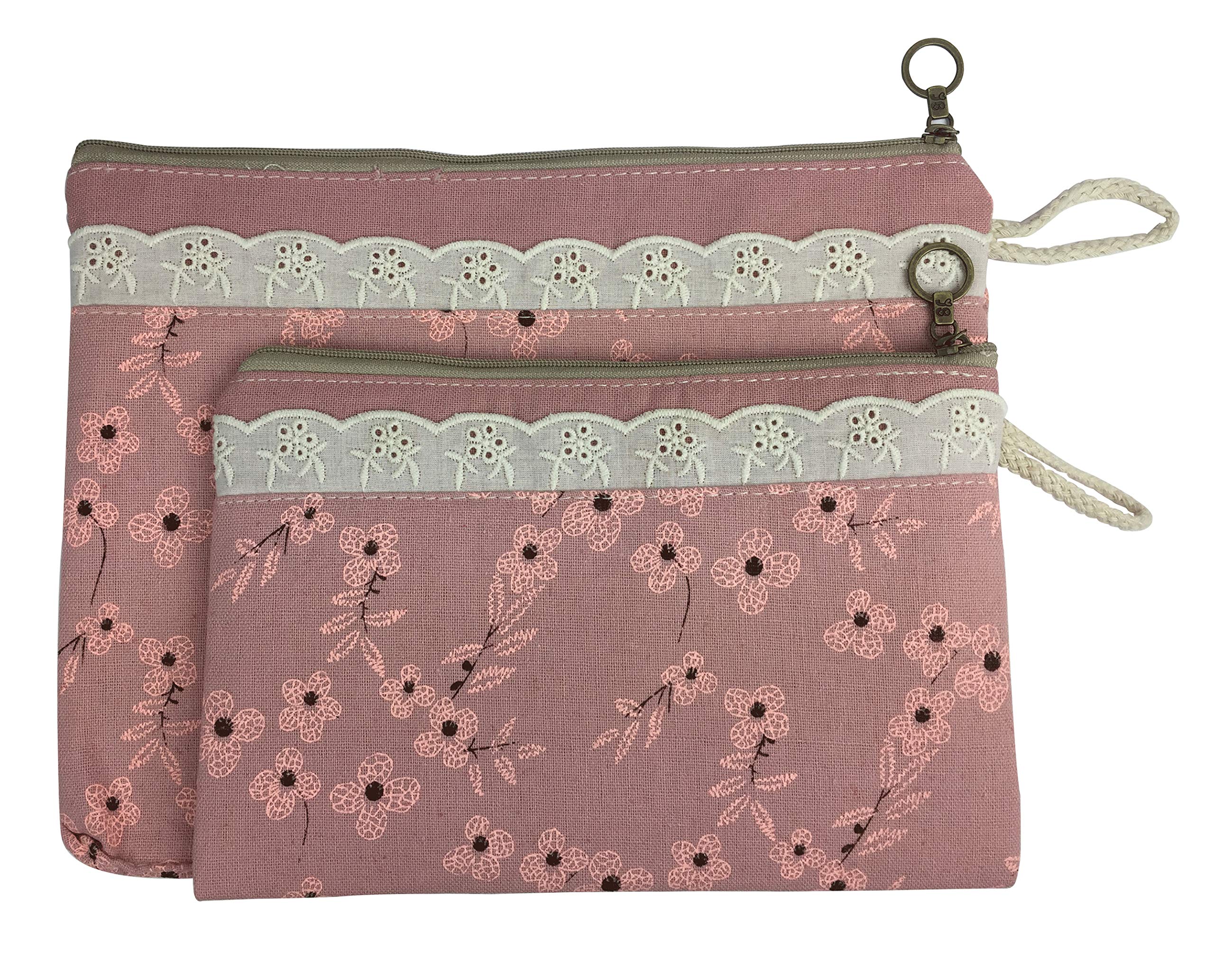 Emartbuy Set of 2 Floral Print Zipper Fabric Pouch with Lace Details Multipurpose Make Up Pouch Travel Pouch Pencil Pen Case - Pink