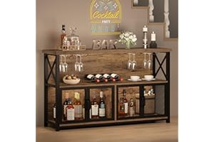 LVB Industrial Coffee Bar Cabinet, Farmhouse Wine Bar Cabinet for Liquor and Glasses, Metal Wood Sideboard Buffet Liquor Cabinet and Wine Rack with Storage for Home Dining Kitchen, Rustic Brown, 47 In