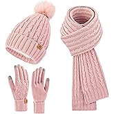 Uerymit Womens Winter Warm Beanie Hat Long Scarf Touchscreen Gloves Set with Fleece Lined Skull Pom Caps 3 in 1 Set for Gift