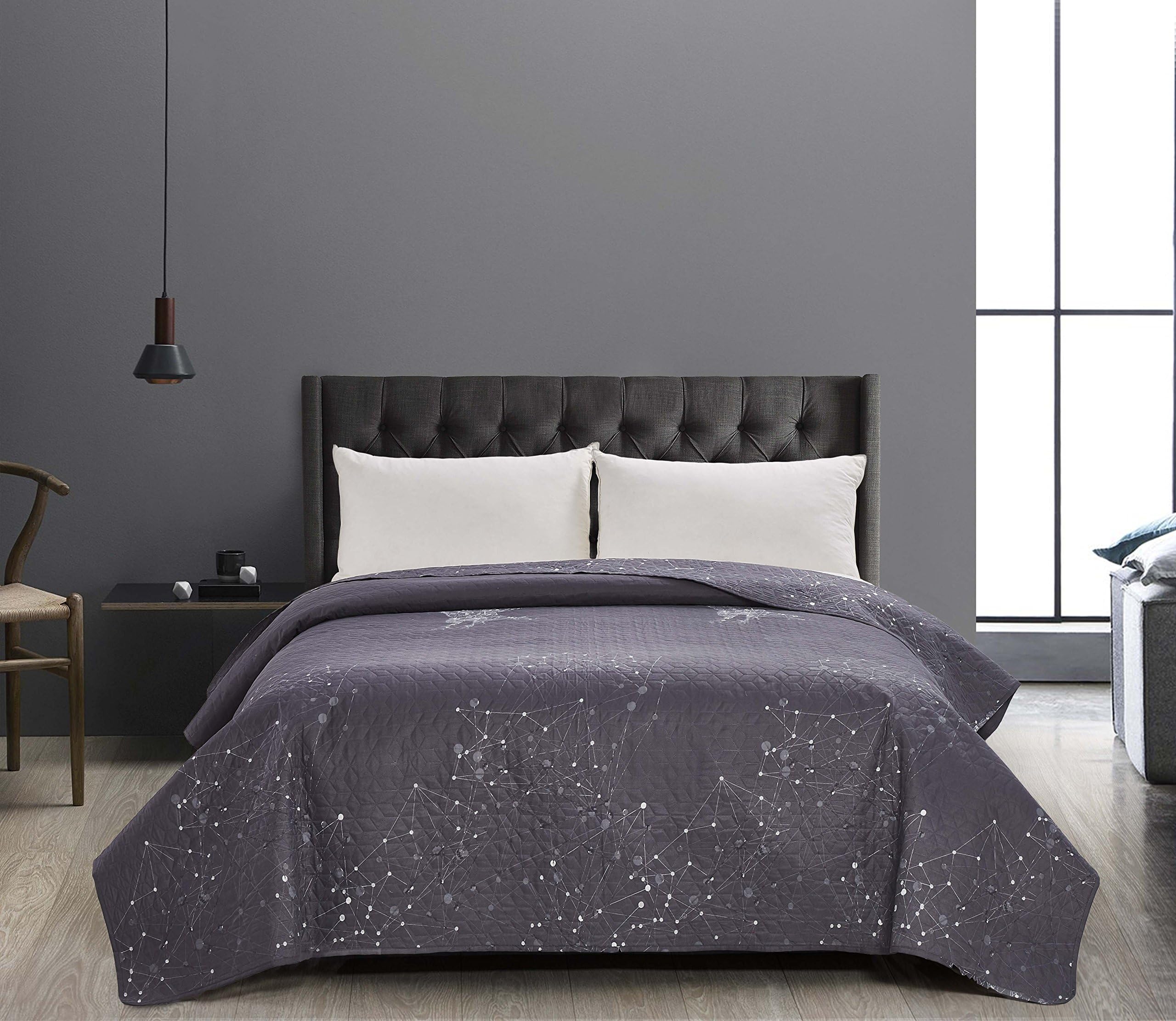 DecoKing Bedspread 200x220 cm Coverlet Double Sided Stitched Easy-care Geometric white grey dimgray steel anthracite graphite Hypnosis Collection Eagle