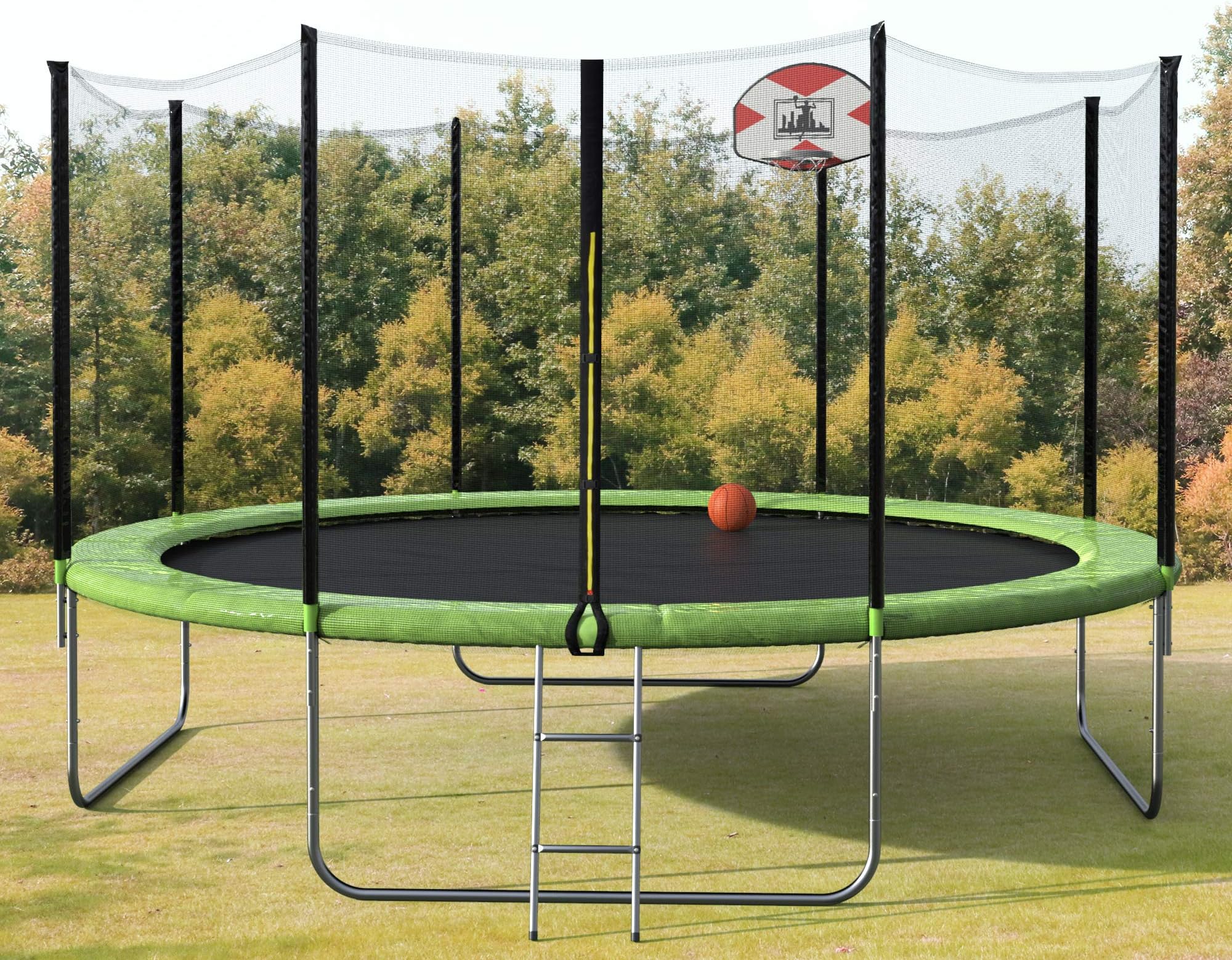 12/14/15FT Trampoline with Safety Enclosure, Basketball Hoop, Ladder for Kids Adults, Round Trampoline/Basketball Trampoline for Outdoor, Backyard
