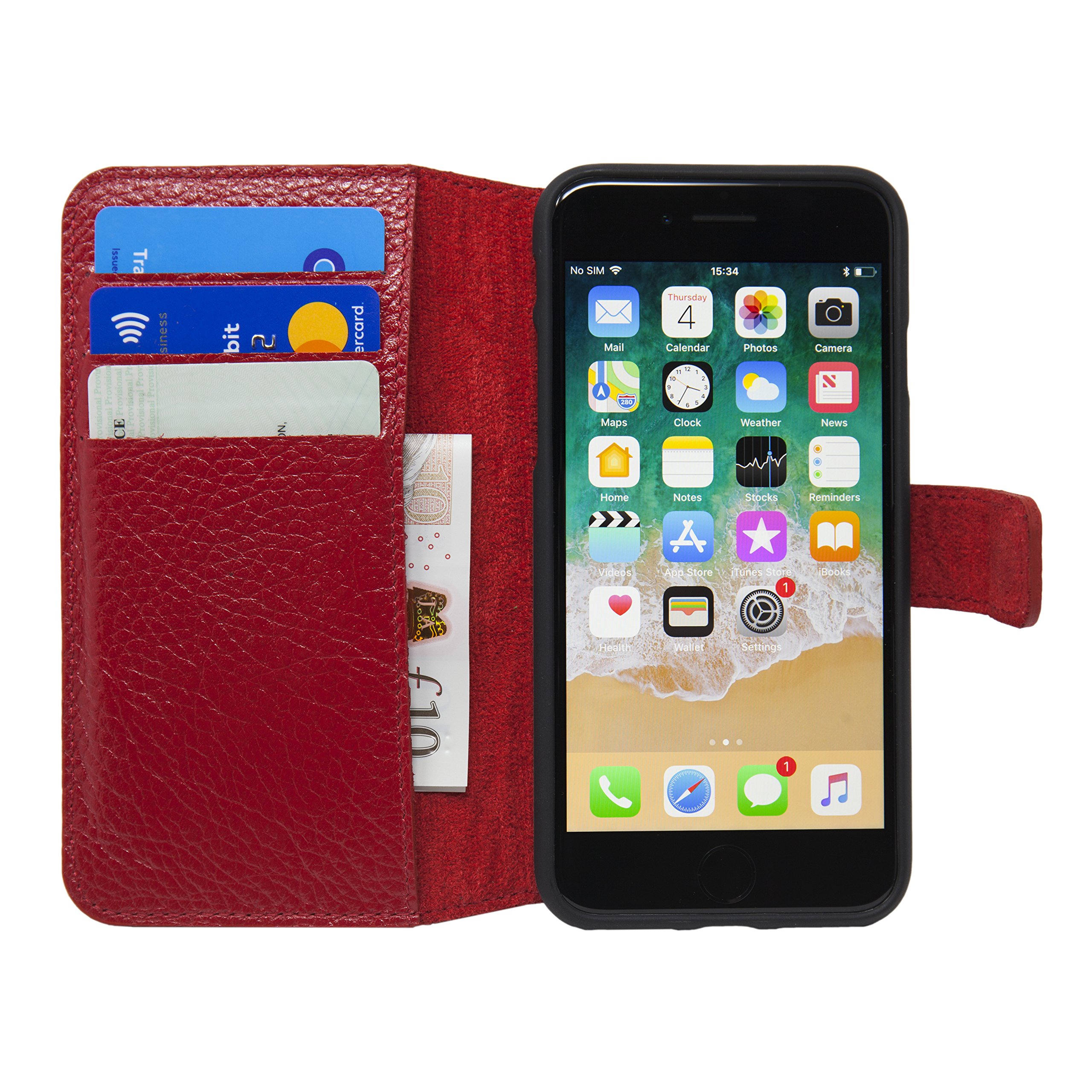 BOW Leather iPhone 8 Folio Case with Card Slots and Kickstand in Red Premium Genuine Leather, … (RED)