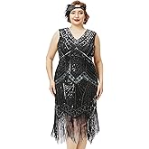 BABEYOND Women's Plus Size Flapper Dresses 1920s V Neck Beaded Fringed Great Gatsby Dress