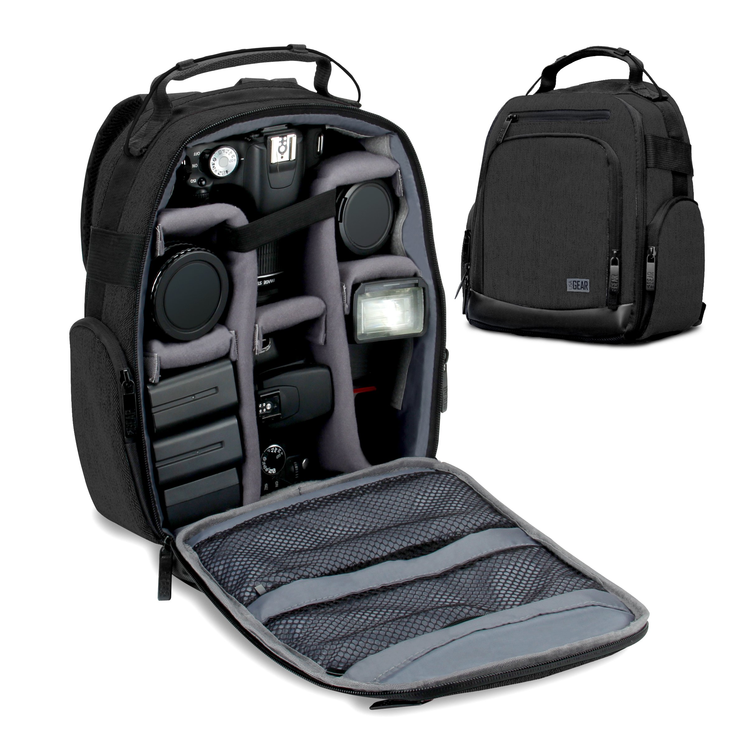 USA Gear Portable Camera Backpack for DSLR with Customizable Accessory Dividers, Weather Resistant Bottom and Comfortable Back Support - Compatible with Canon, Nikon, Sony, Fujifilm, and More (Black)