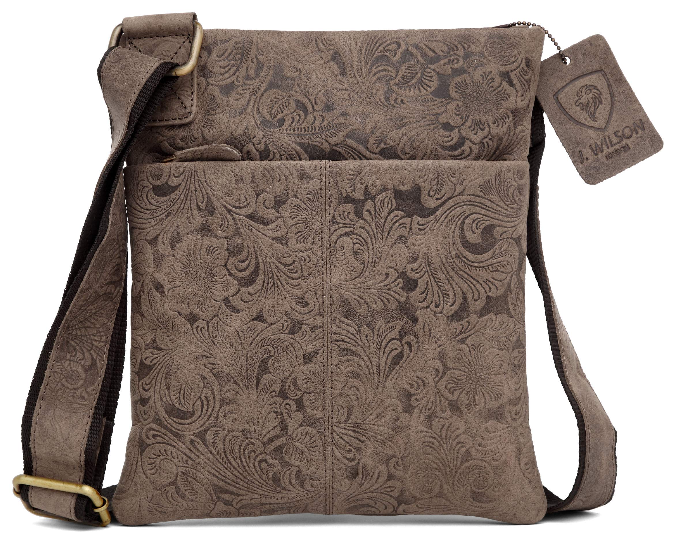 J. Wilson London 100% Pure Genuine Real Vintage Crunch Leather Handmade Mens Leather Everyday Crossover Shoulder Work Messenger Bag (Distressed Dark Brown Flower)