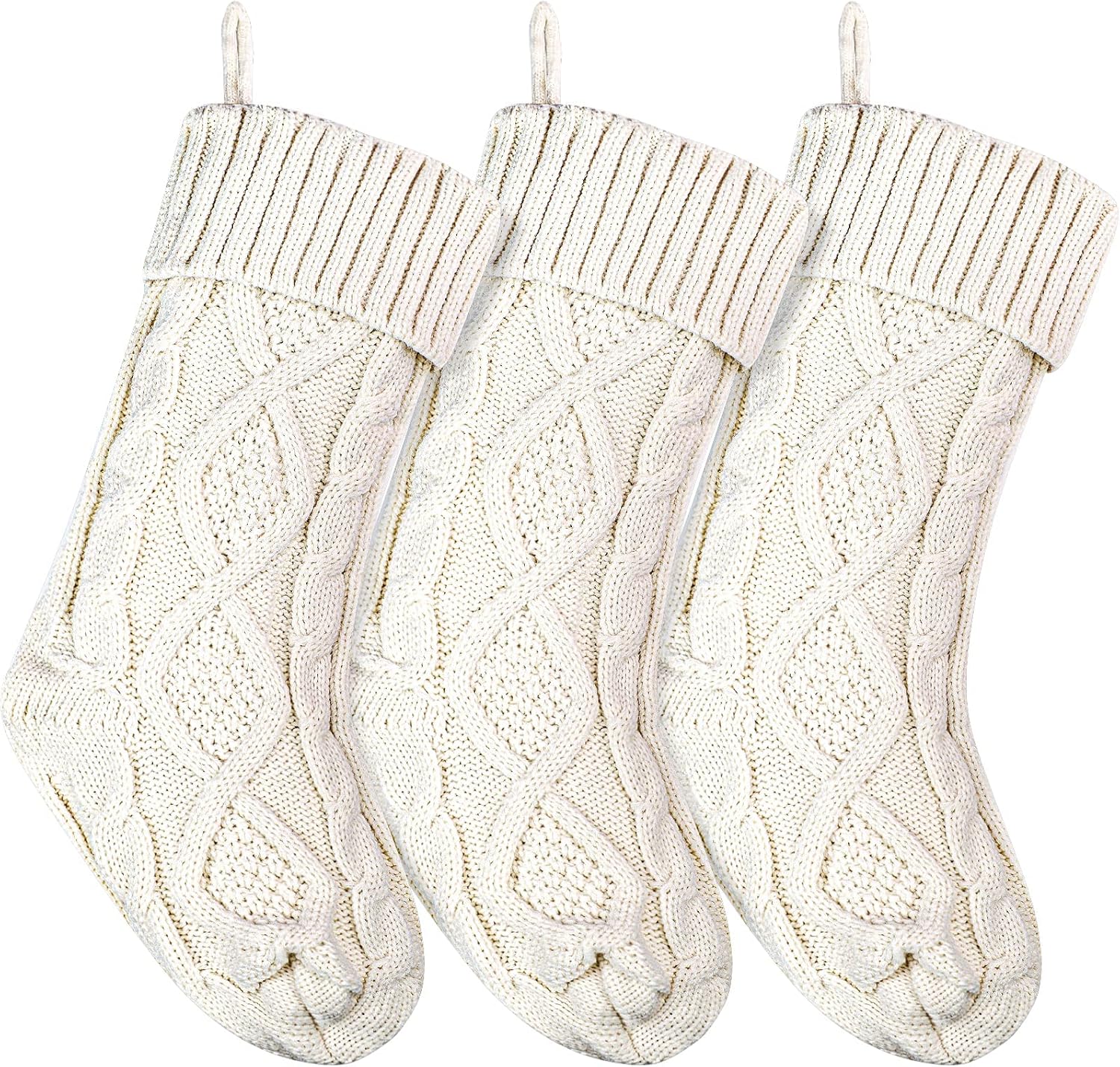 Stockings & Holders - Christmas Stockings Knitted Xmas Stockings 18 Inches Double-Sided Fireplace Hanging Stockings for Family Christmas Decoration (Ivory, 3)