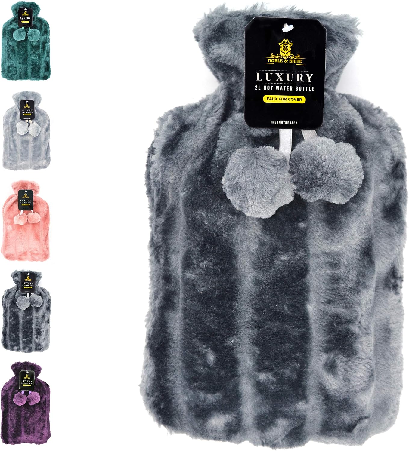Hot Water Bottle with Cover Fluffy Super Soft Faux Fur Large 2 Litre (Grey)