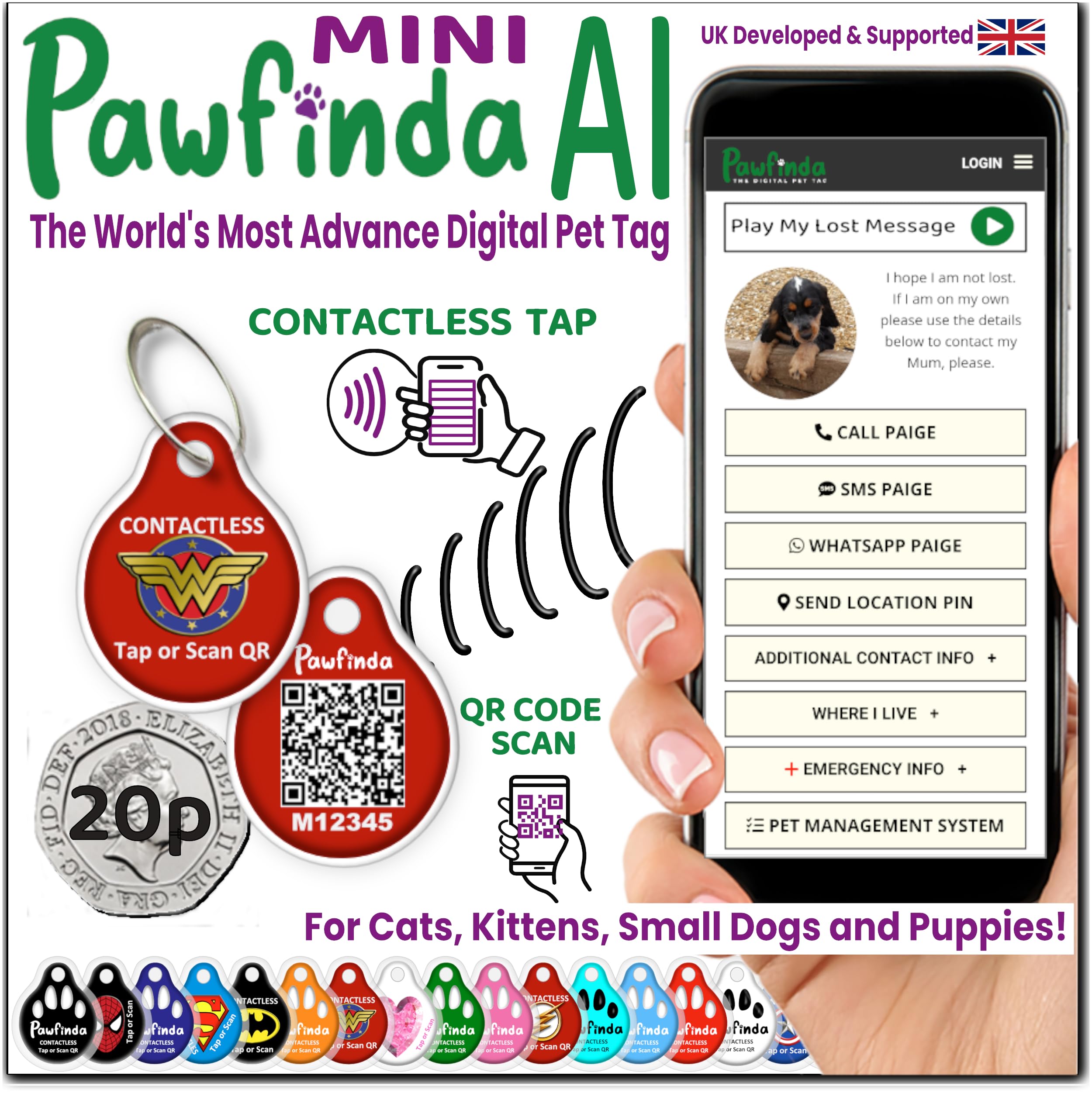 PAWFINDA – Next-Generation Personalised Cat & Dog ID Tag | Engraved Pet Tag with CONTACTLESS NFC, QR Code Technology & PawVoice AI | No App Required | Waterproof & Durable | UK-Based Support