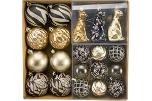 DECOR BY HANNAH DecorbyHannah 60ct Christmas Ornaments Set, Shatterproof Leopard Black Gold Christmas Tree Ornaments for Xmas Decorations (Value Pack)