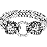 Men's Twin Lion's Head Double Franco Link Bracelet, Stainless Steel, Spring Ring Clasp, 8.5"