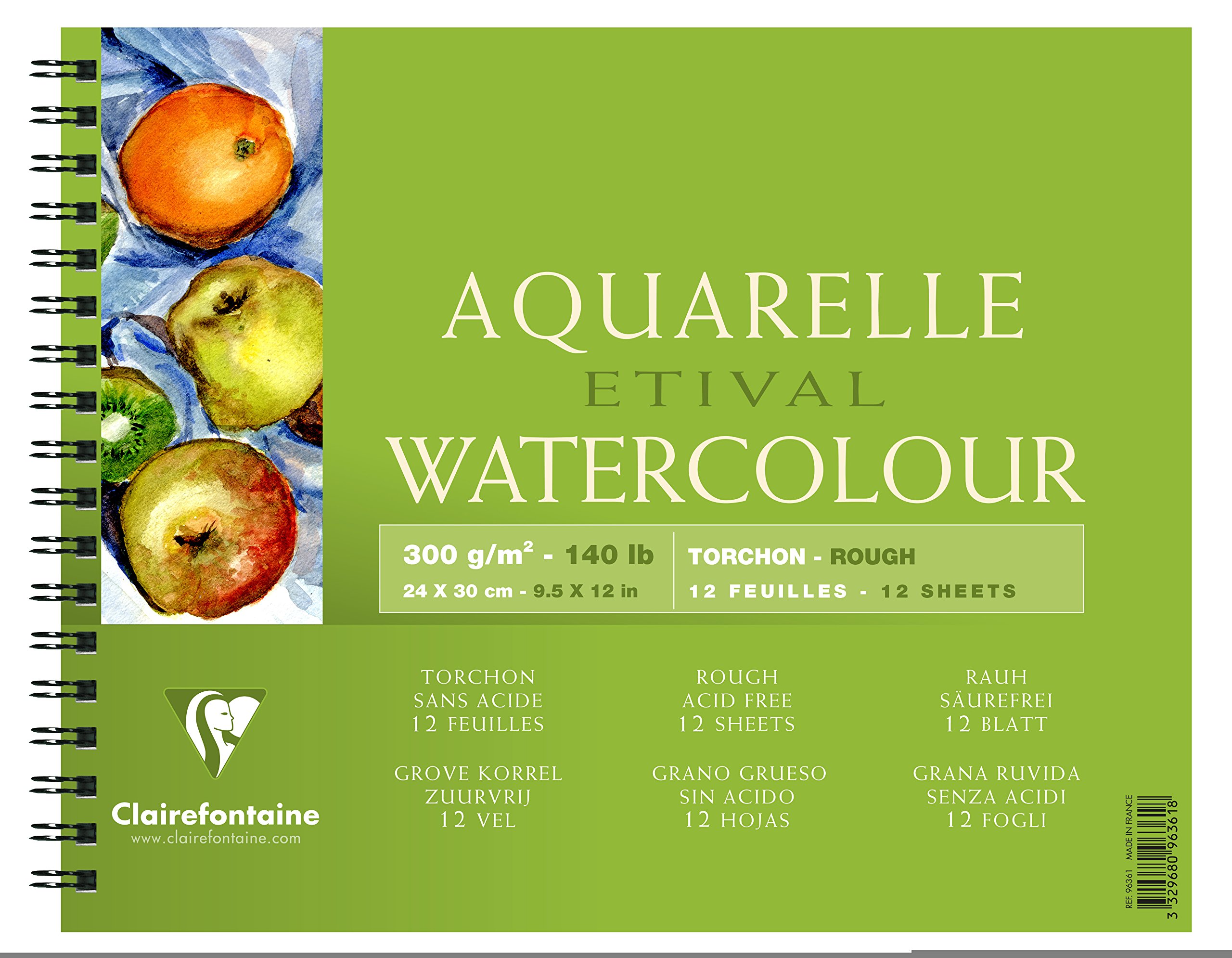 Clairefontaine - Ref 96361C - Etival Rough Grained Wirebound Pad (12 Sheets) - 24 x 30cm Size, Acid Free, pH Neutral, 300gsm Paper - Suitable for Watercolour Artwork