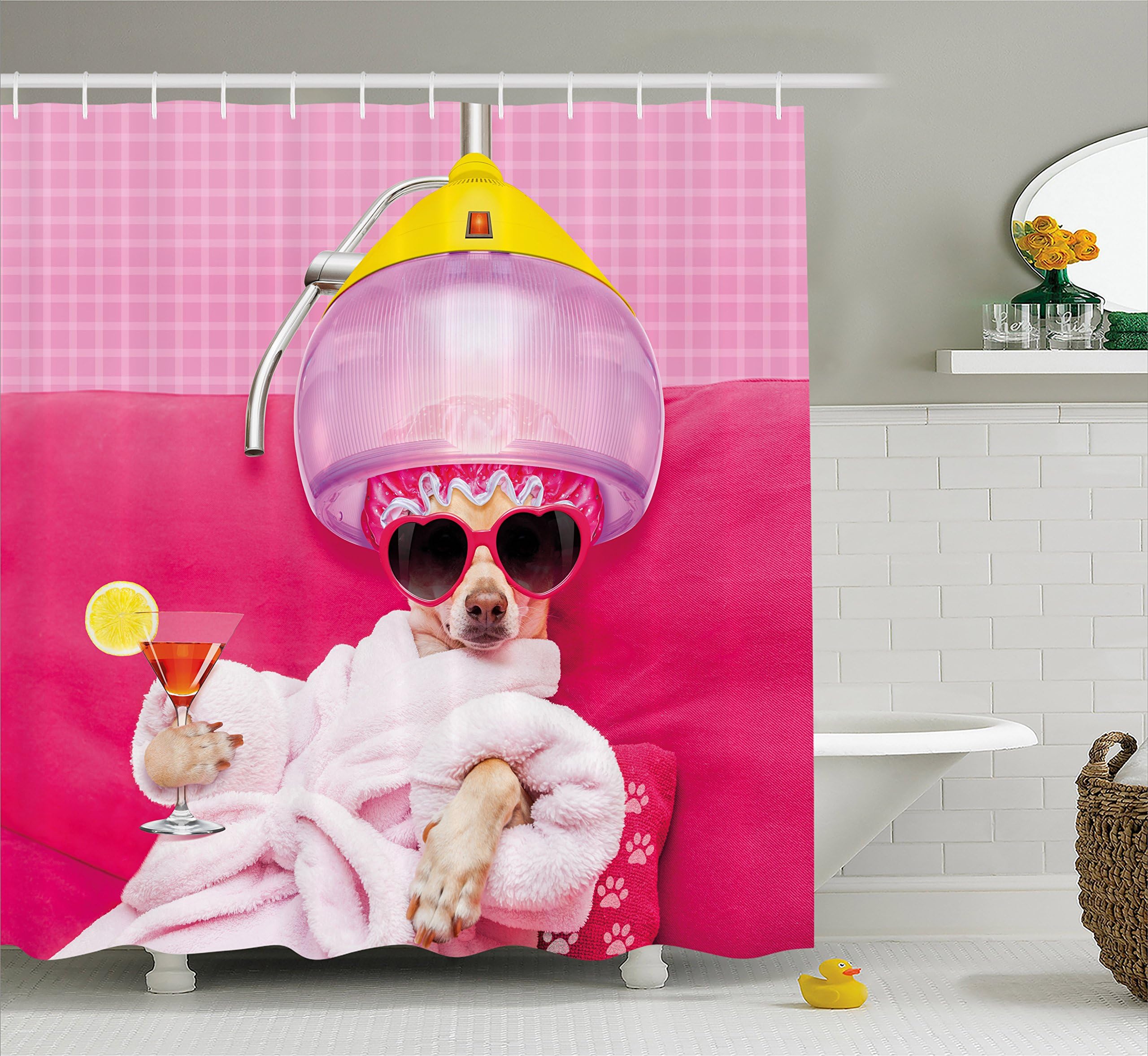 Ambesonne Funny Shower Curtain, Chihuahua Dog Relaxing and Lying in Wellness Spa Fashion Puppy Comic Print, Cloth Fabric Bathroom Decor Set with Hooks, 69" W x 70" L, Pink Magenta