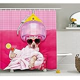 Ambesonne Funny Shower Curtain, Chihuahua Dog Relaxing and Lying in Wellness Spa Fashion Puppy Comic Print, Cloth Fabric Bathroom Decor Set with Hooks, 69" W x 70" L, Pink Magenta