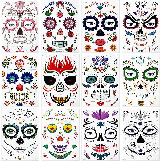 12 Sätze Halloween Temporary Tattoos Hippy Gesicht TattooMaske für