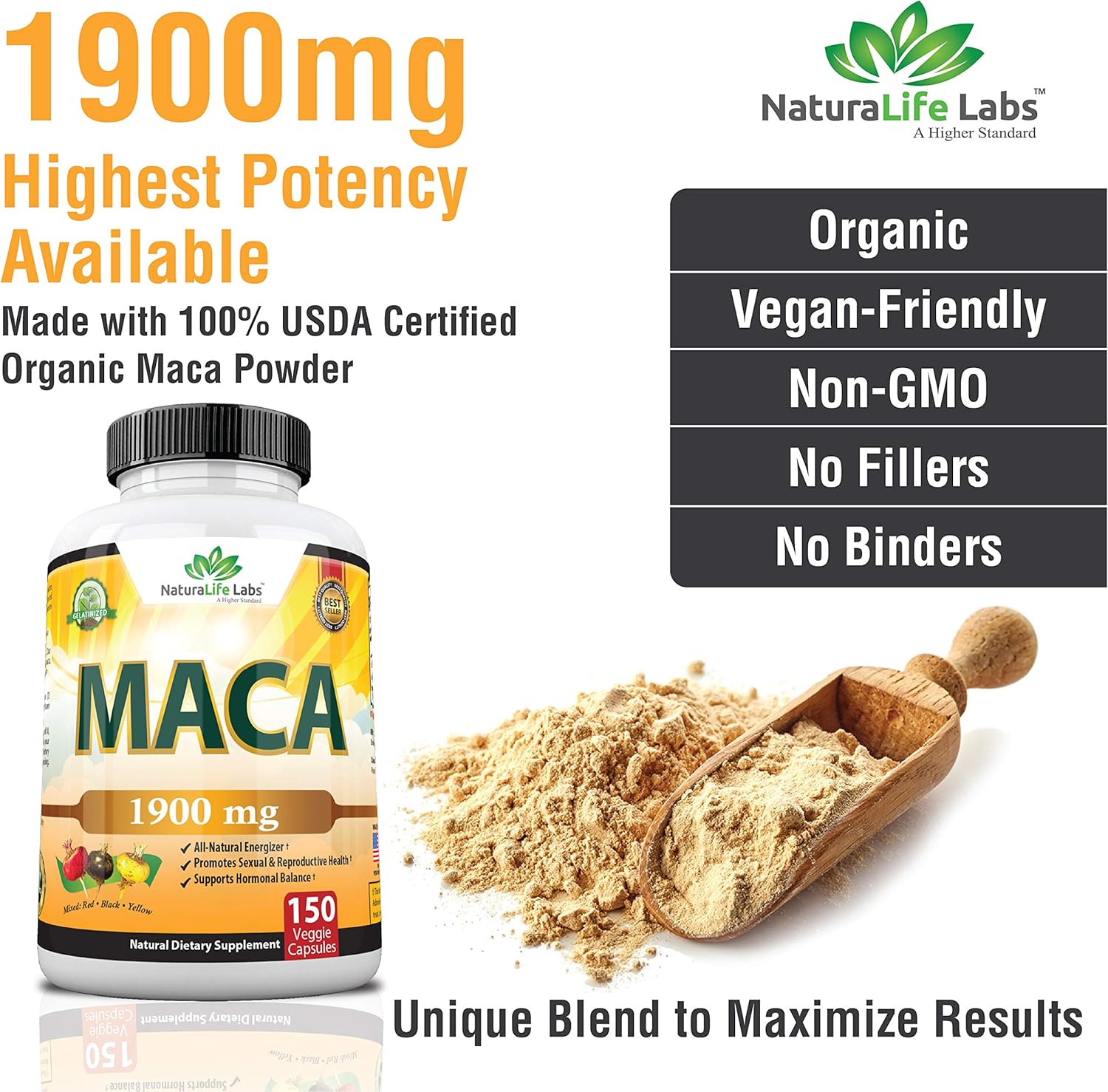 Organic Maca Root Black, Red, Yellow 1900 MG per Serving - 150 Vegan Capsules Peruvian Maca Root Gelatinized 100% Pure Non-GMO Supports Reproductive Health Natural Energizer: Health & Personal Care