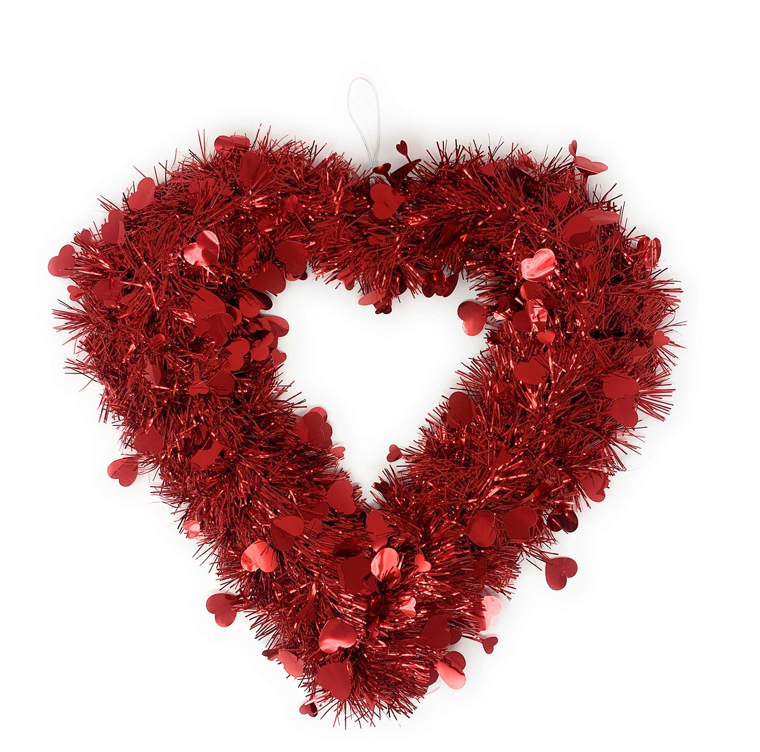 4E's Novelty 14 Inch Valentines Wreath for Front Door, Tinsel Heart Wreath for Indoor Outdoor Decorations