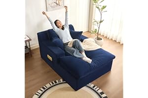 AFUSON 63" Oversized Boneless Chaise Lounge Chair, Extra Cloud Layer, Convertible Sleeper Sofa Couch with Removable Pillows & Side Pockets, Corduroy Upholstered Sofa Bed with Armrests for Living Room, Blue