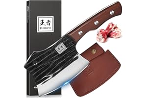ENOKING Meat Cleaver 5.7 Inch, Hand Forged Heavy Duty Bone Chopper with Wood Handle, Full Tang Butcher Knife for Kitchen, Cam