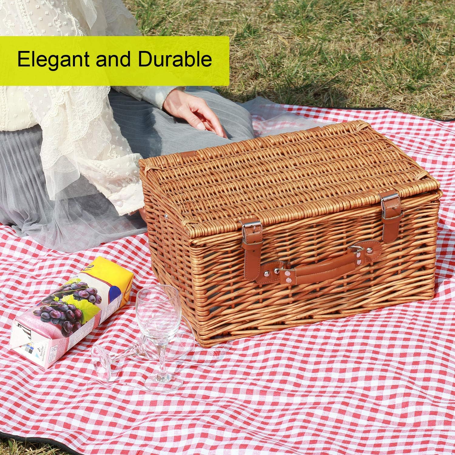 Willow Picnic Basket Set for 2 Persons with Large Insulated Cooler Bag and Classical Cutlery Service Kit | Wicker Picnic Hamper for Camping, Outdoor, Valentine Day, Chirtmas, Thanks Giving, Birthday : Garden & Outdoor