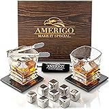 Amerigo Exclusive Whiskey Stones - Whiskey Glass Set + 8 Stainless Steel Reusable Ice Cubes & 2 Luxury Coasters - Whiskey Roc