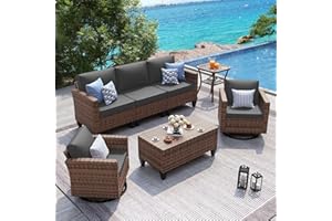 UDPATIO Patio Furniture Set, 5 Pieces Outdoor Conversation Sets with Rocking Swivel Chairs, Wicker Rattan Outdoor Sofa Set with Storage Table and Waterproof Covers for Backyard, Deck, Porch, Grey