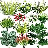 Besteek 20 Pcs Artificial Plants Outdoor Fake UV Resistant Artificial Flowers Greenery Stems Boston Fern Faux Shrubs Plastic Plants for Garden Porch Planter Window Box Home Decor