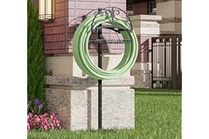 CALIDOLA Freestanding Garden Hose Organizer with Storage Basket - Heavy-Duty Black Powder-Coated Hose Stand, Detachable Design Holds 150FT Hose, Includes Wrench & Screwdriver for Easy Assembly