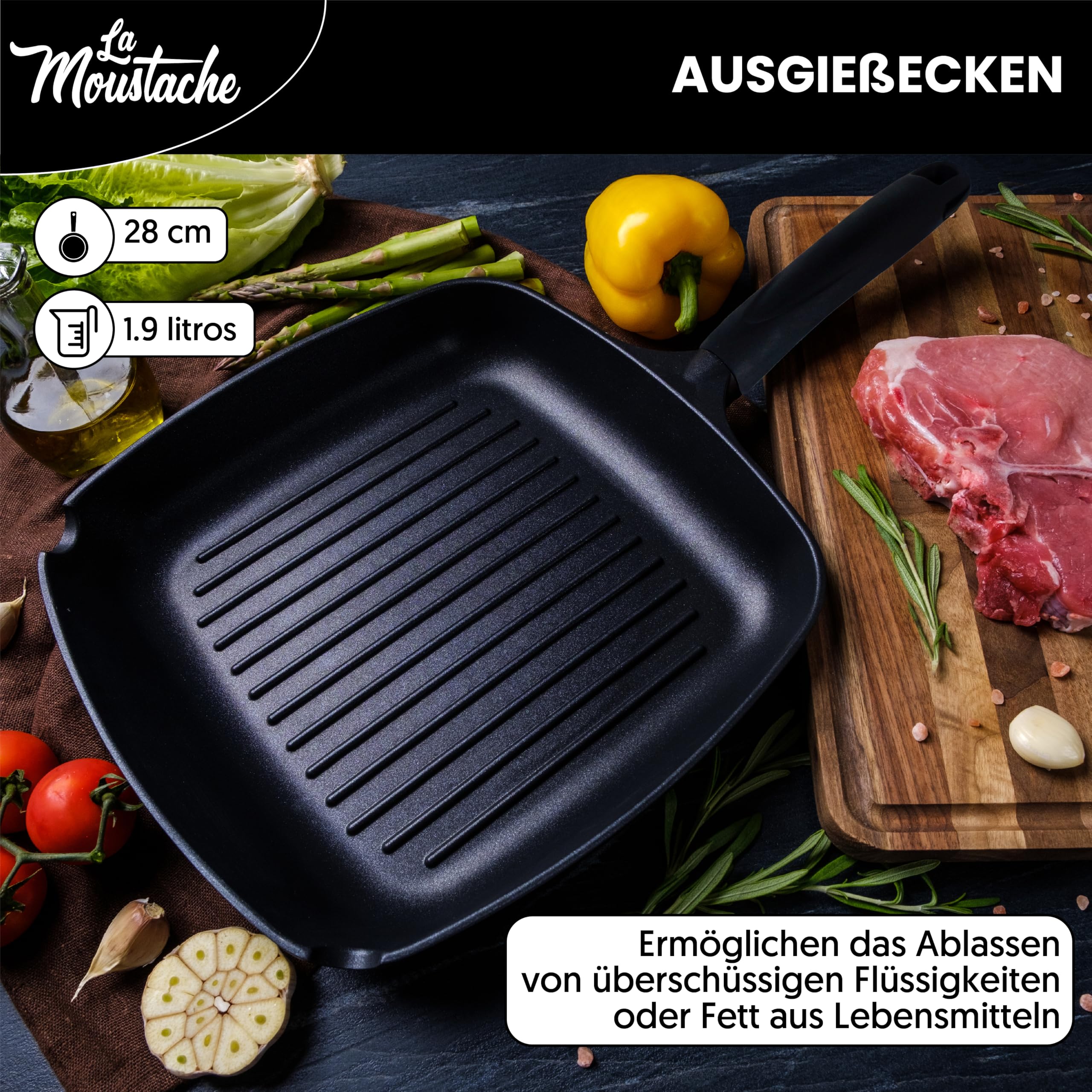 La Moustache - Grillpfanne 28 cm mit Glasdeckel, Quadratische Pfanne PFOA-Freie, Optimale Wärmeverteilung, Griddle Pan/Bratpfanne für Halogen, Gas, Elektro, Induktion, Ceran Kochfelder 6