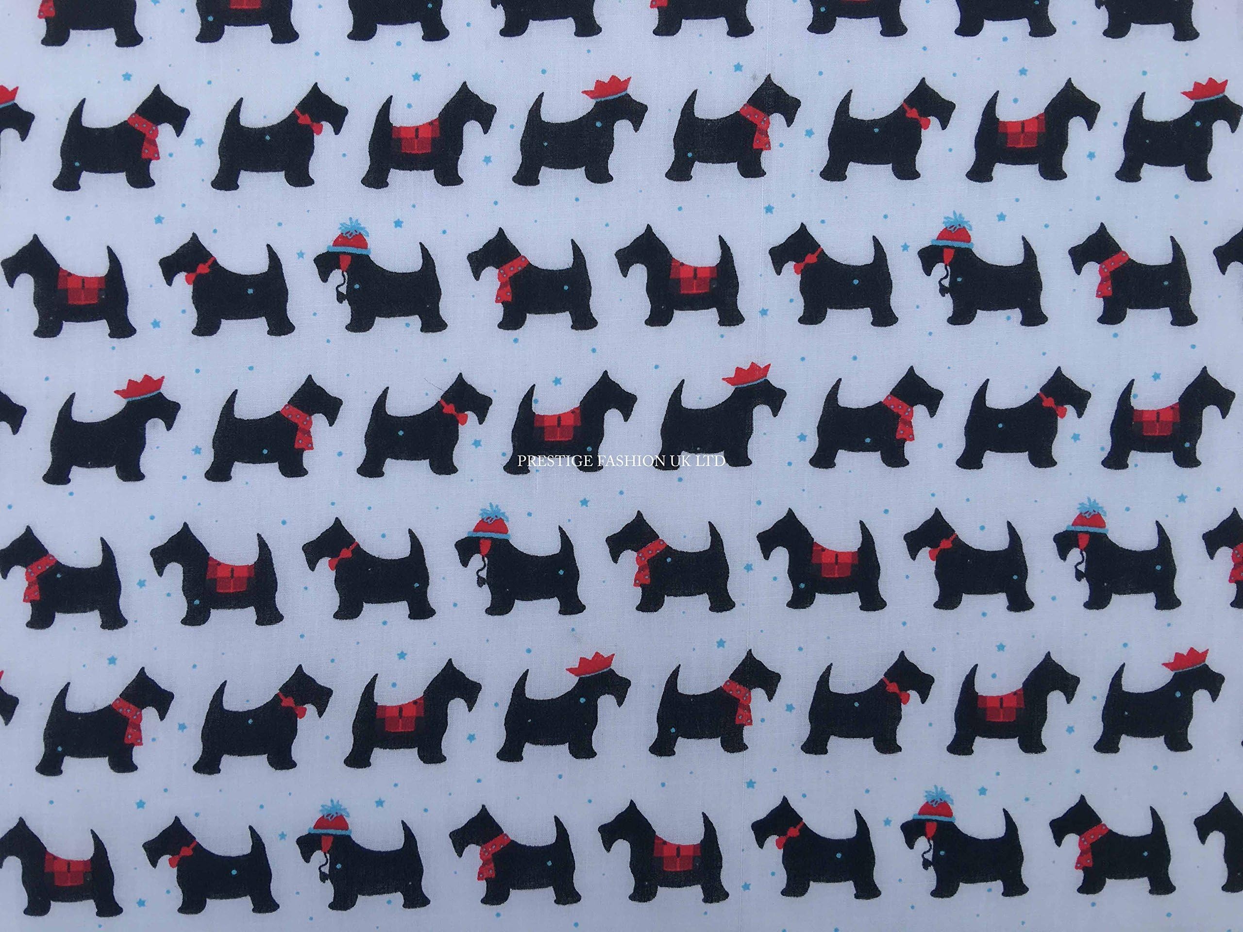 PRESTIGE Christmas XMAS Polycotton Print Fabrics Decoration Crafts Poly Cotton Designs Fabric - Per Metre (New Scotty Dogs - White)