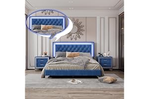 Linique 3-Pieces Bedroom Sets, Queen Size Upholstered Platform Bed Frame with LED Lights and Two Nightstands, Modern Wooden Velvet Platform Bed with Button Tufted Headboard, Blue