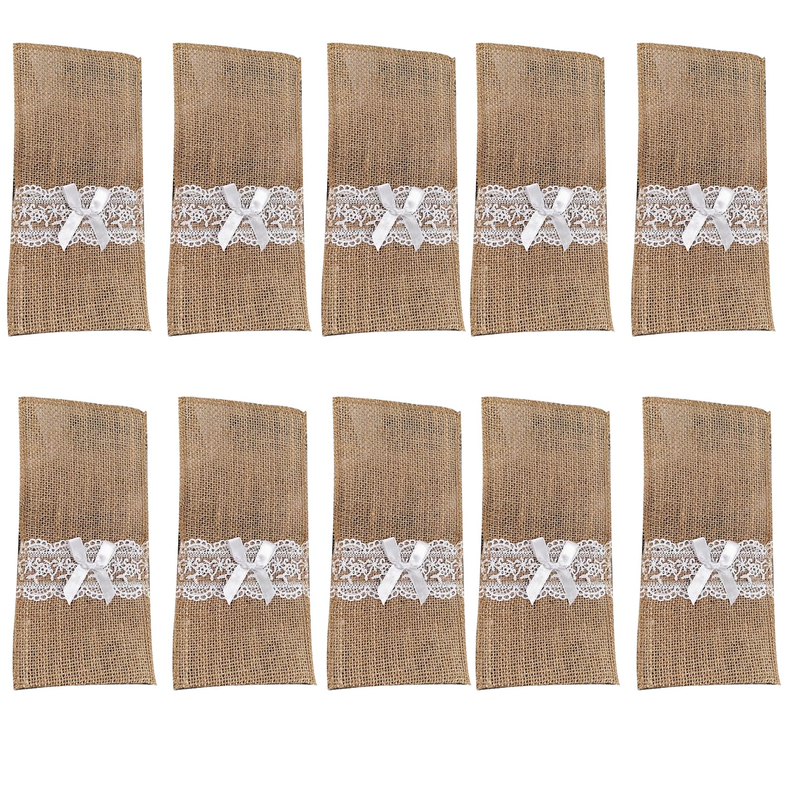 soulnioi 10Pcs Burlap Cutlery Holder, Burlap Lace Utensil Holders Knifes Forks Tableware Bags for Wedding Dinner Christmas Party Table Decoration - Style C