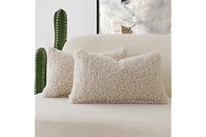 Foindtower Set of 2 Curly Teddy Wool Faux Fur Pillow Covers Decorative Boucle Textured Lumbar Throw Pillow Accent Pillowcases Sheepskin Cushion Case for for Chair and Couch 12"x20" Neutral Cream