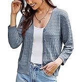 GRACE KARIN Women Lightweigt Crochet Knit Cardigan, 3/4 Sleeve Cropped Shrugs, Spring Button Down Sweaters Tops
