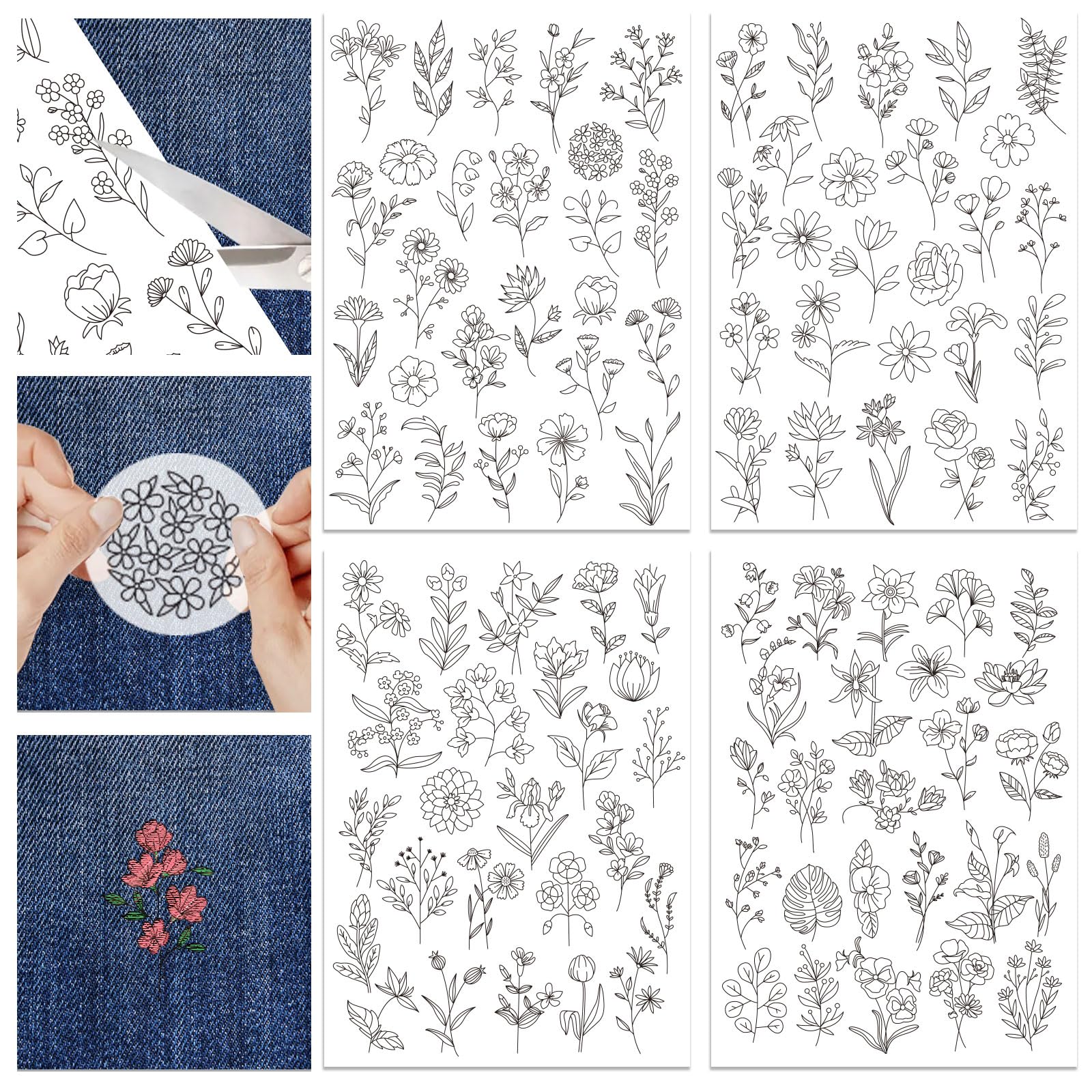 GLOBLELAND 4 Sheets Flowers and Leaves Water Soluble Hand Sewing Stabilizers for Fabric Embroidery Stitch Practice Eembroidery Patterns Transfers for Embroidery Beginners Lovers