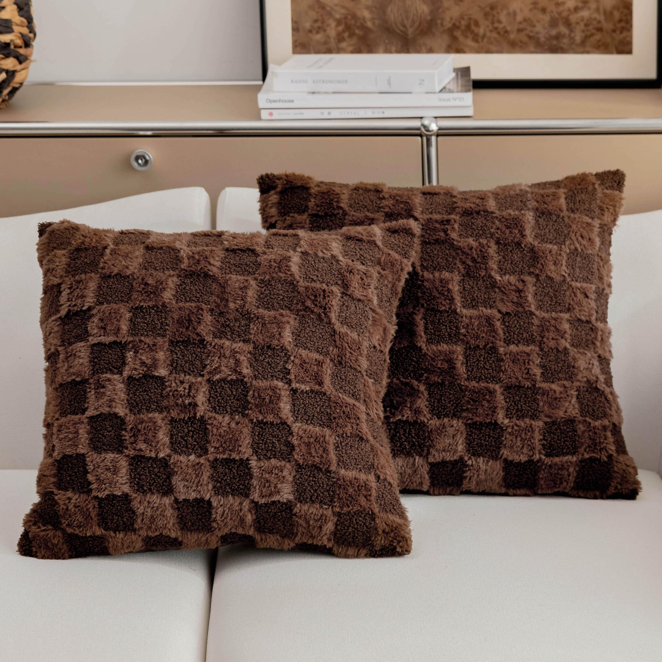 Photo 1 of Demetex Checkered Pillow Covers 18x18 Brown Throw Pillows for Couch Decorative Faux Fur Plaid Pillow Cases for Living Room Sofa Bench Chair, Set of 2, 18 x 18 inch, Dark Brown