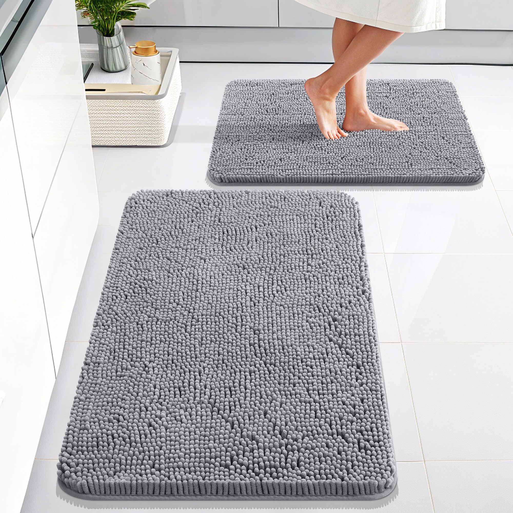 Photo 1 of OLANLY Bathroom Rugs Sets 2 Piece, Soft Absorbent Chenille Bath Mats Area Rug Set, Non-Slip, Quick Dry, Machine Washable Bath Mats for Bathroom, Home Decor Accessories (30"x20"+24"x16", Grey)