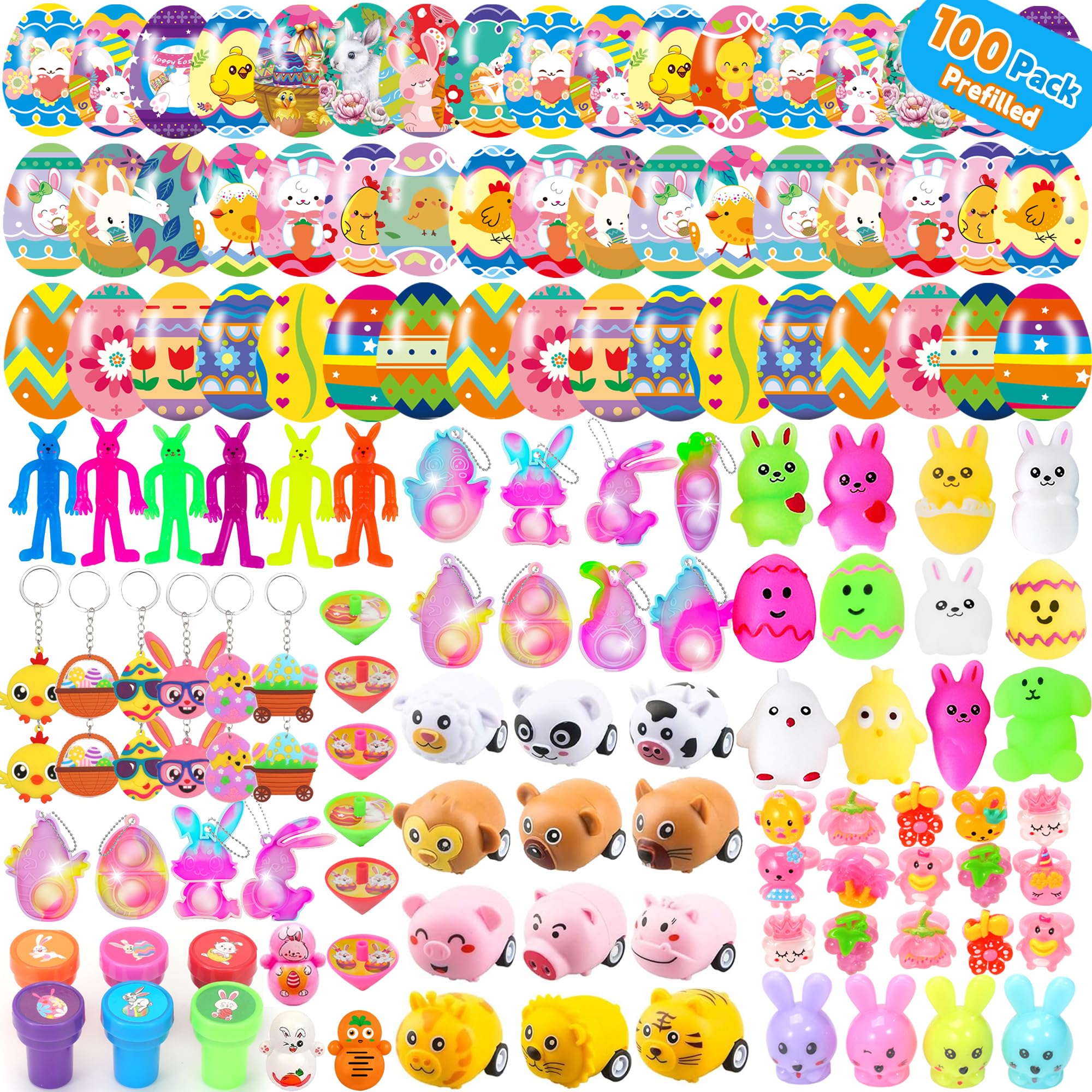 Fumogym 100PCS Unique & Colorful Prefilled Easter Eggs with Novelty Toys, Filling Treats, Easter Eggs Hunt, Basket Stuffers Fillers, Theme Party Favor, Classroom Prize