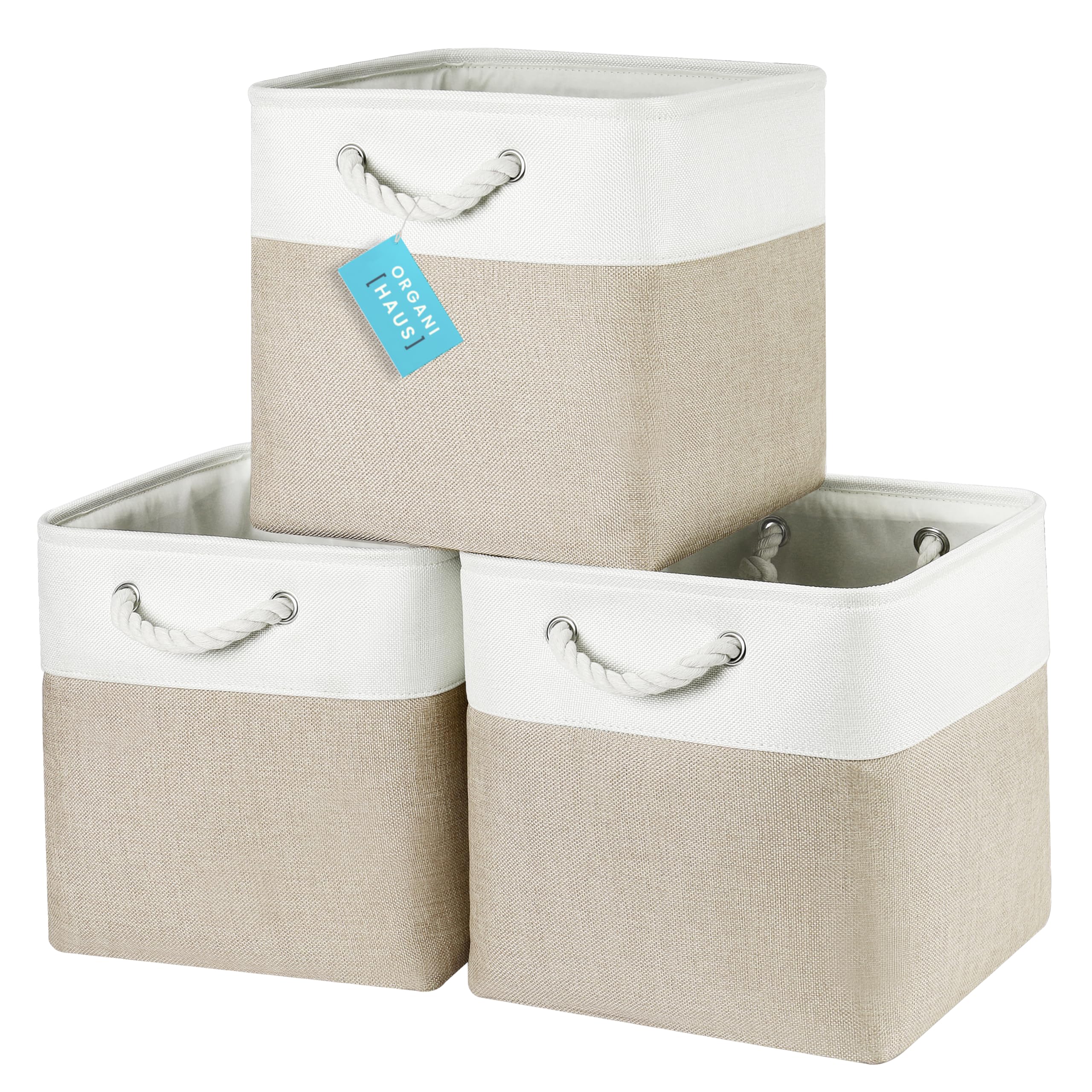 OrganiHaus Fabric Storage Boxes, Set of 3 Foldable 30X30 Cube Organiser Bins with Rope Handles for Shelves, Nursery & Closet, Collapsible Storage Baskets for Toys, Clothes & More - Beige/Off-White