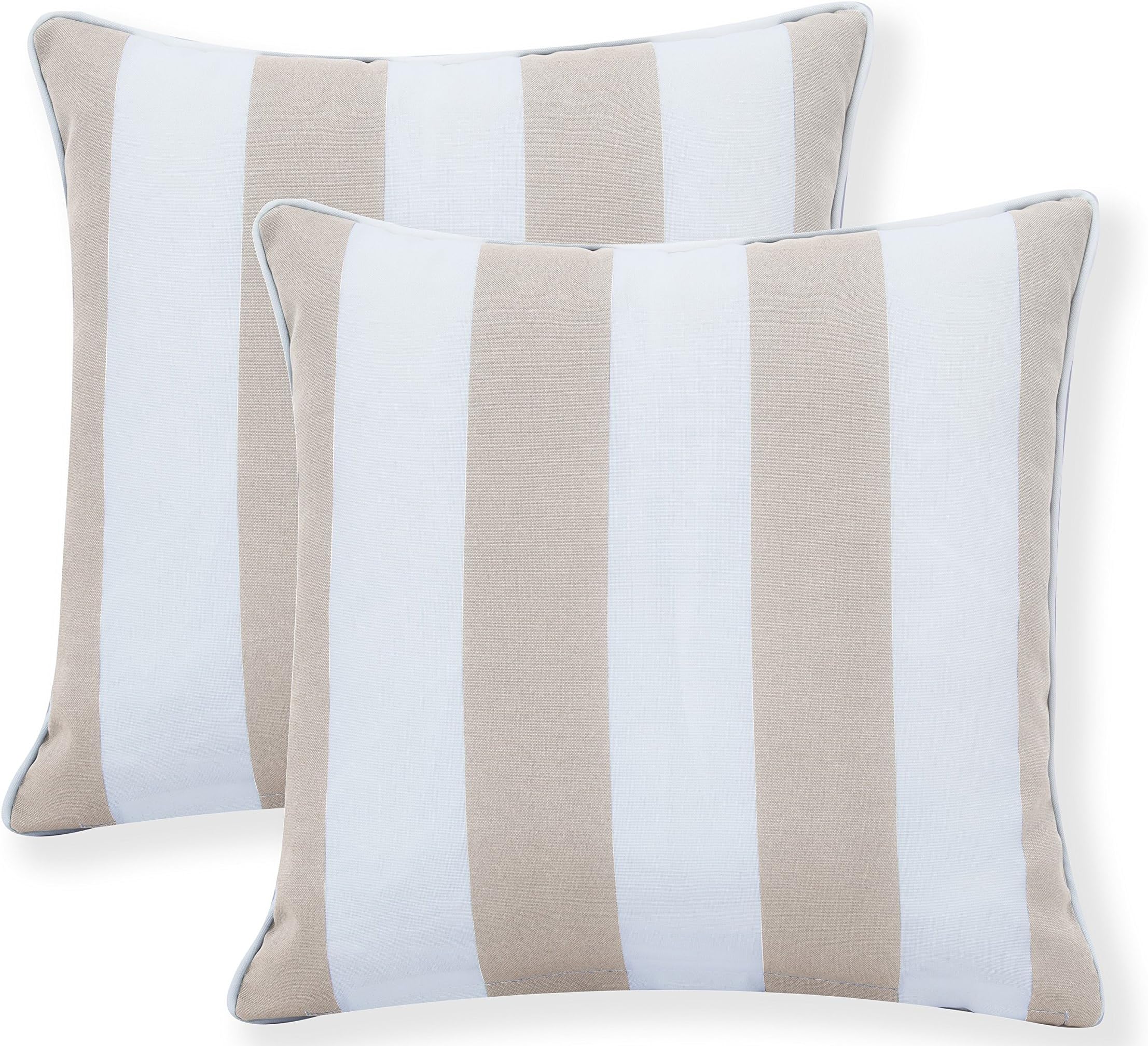Ornavo Home Water Resistant Indoor/Outdoor Square Patio Decorative Stripe Throw Pillow Cushion - Insert Included - Set of 2-18" x 18" - Beige