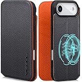 VISOUL Pebbled Leather Wallet Case Compatible with iPhone Air 6.5”, Genuine Leather Flip Folio Cover, RFID Blocking Card Holders, Kickstand, Soft TPU Protective Flip Cover -Black+Orange