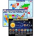 World Map, United States Map, and Solar System Poster with Extra Features – Laminated 14x19.5 in – Educational Posters, Classroom Decorations, Teachers Supplies, Virtual Learning for Kids, Homeschool Decor
