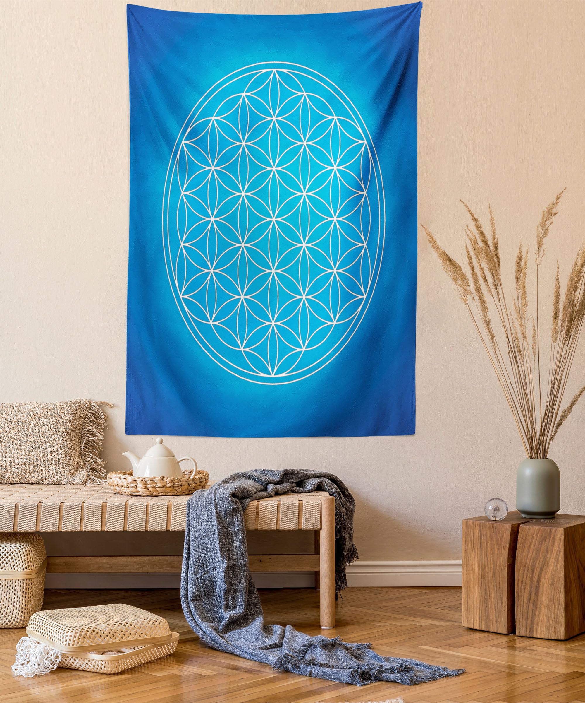 ABAKUHAUS Sacred Geometry Tapestry, Flower of Life Grid Pattern Consisting of Types Overlapping Circles Theme, Fabric Wall Hanging Decor for Bedroom Living Room Dorm, 58 W X 43 L, Blue White