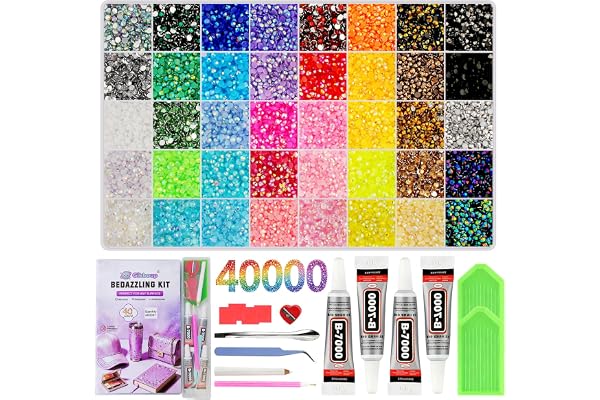 Gikboup 40000 Pcs 40 Colors Bedazzling Kit with Rhinestones,3mm Jelly AB Resin Flatback Gems with 4 B-7000 Glue, 40-Grid Storage Box, Tweezers, Trays and Tools for Crafts, Cups, Phone Cases