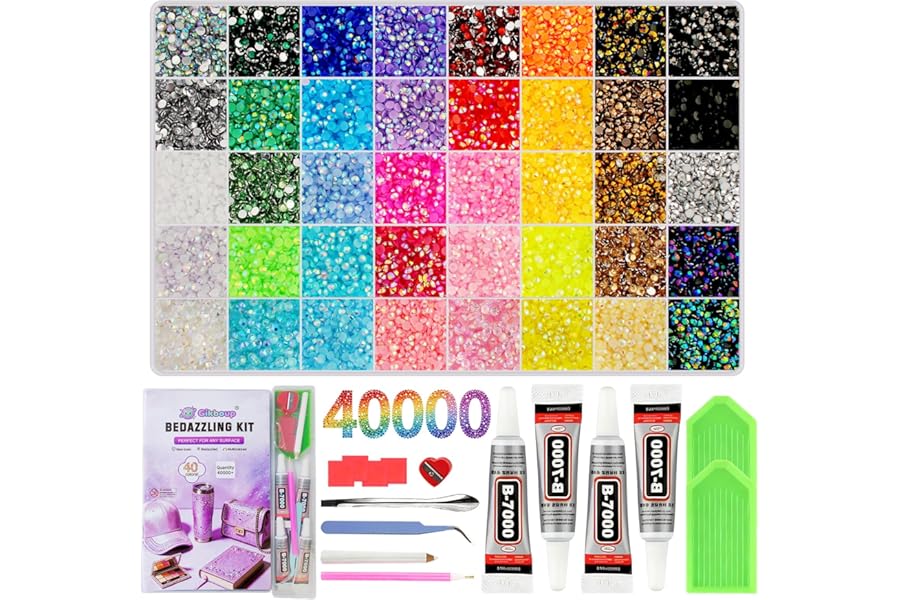 Gikboup 40000 Pcs 40 Colors Bedazzling Kit with Rhinestones,3mm Jelly AB Resin Flatback Gems with 4 B-7000 Glue, 40-Grid Storage Box, Tweezers, Trays and Tools for Crafts, Cups, Phone Cases