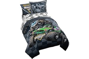 Monster Jam Slash 5 Piece Twin Bed Set - Includes Reversible Comforter & Sheet Set - Bedding Features Grave Digger & Megalodo