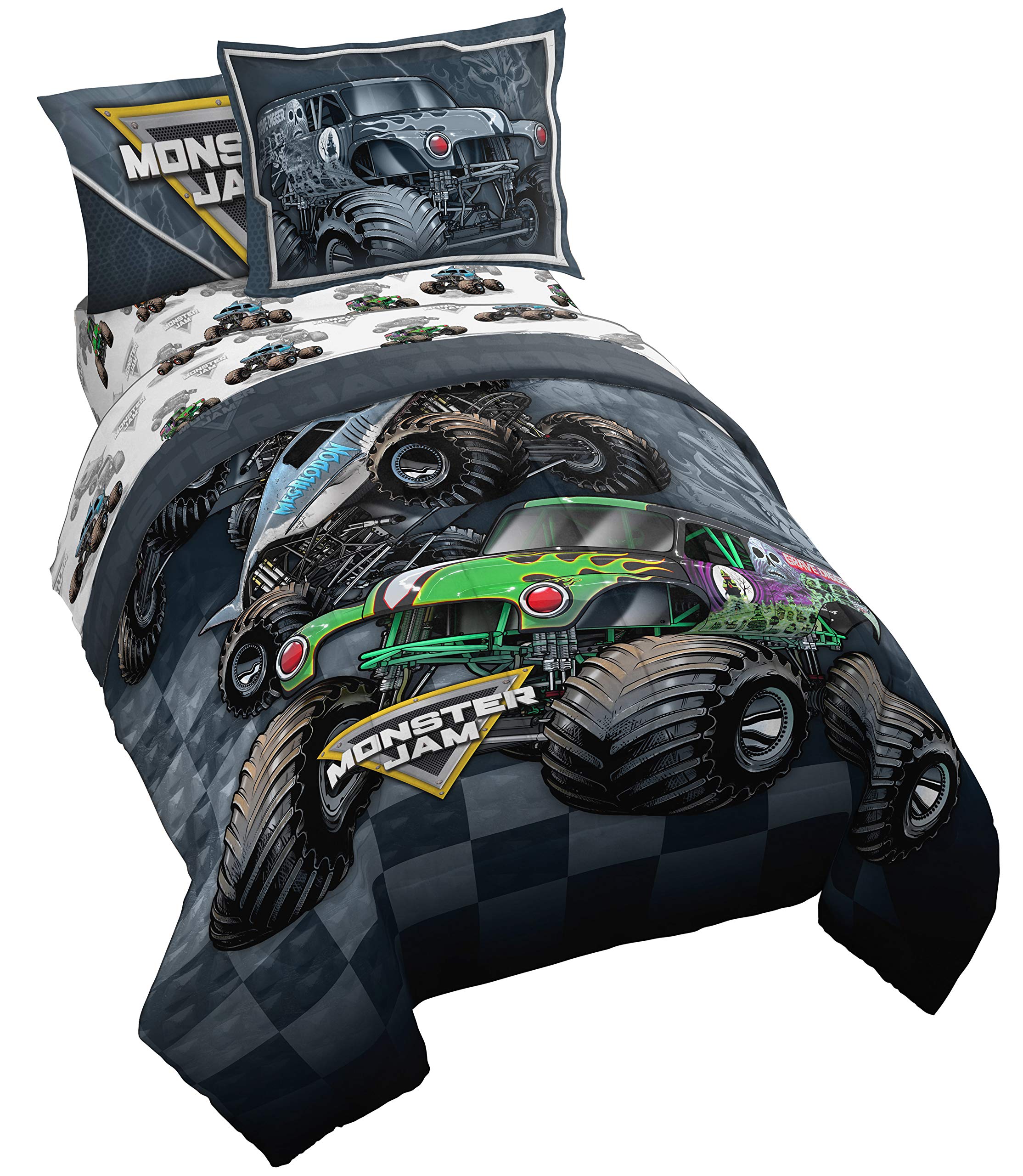 Monster Jam Slash 5 Piece Twin Bed Set - Includes Reversible Comforter & Sheet Set - Bedding Features Grave Digger & Megalodon - Super Soft Fade Resistant Microfiber - (Official Monster Jam Product)